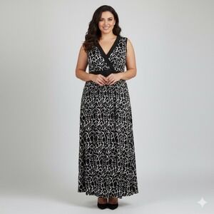 Susan Lawrence Maxi Dress Women Plus 2X Black White Print Sleeveless Stretch LBD